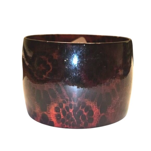 Vintage Bangle Bracelet Wide Brown & Black Geometric Abstract Leopard Print - Picture 2 of 4